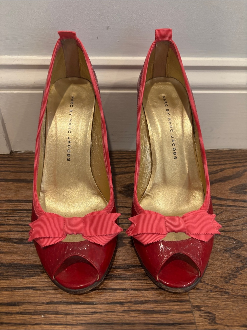 Marc by Marc Jacobs Red Patent Peep-Toe Pumps with Pink Ribbon Trim